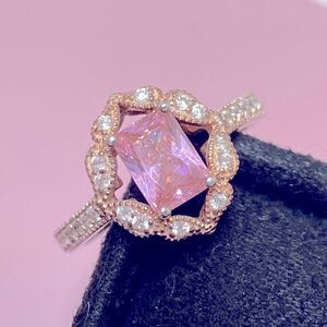 💛 Art Deco 925 Rose Gold Vermeil Created Pink Topaz & CZ Ring